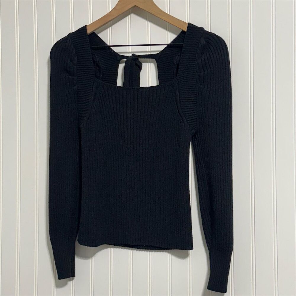 Miracle USA Black Ribbed Square Neck Puff Sleeve Tie Back Knit Sweater Top S/M